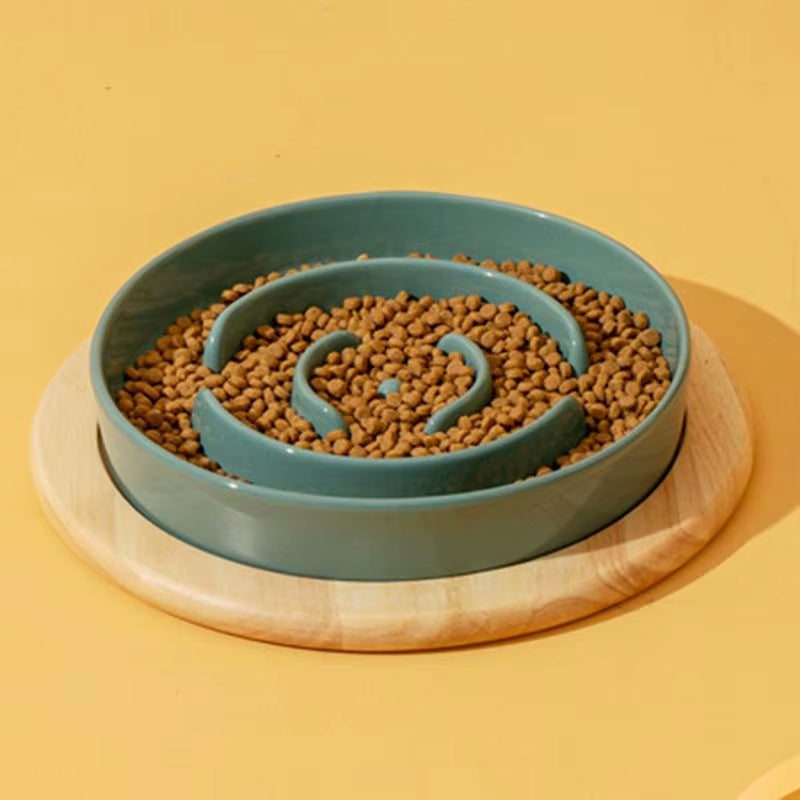 Dog Slow Feeder Bowl anti Slip Ceramic Dog Feeding Bowl with Wood Elevated Base Feeding Supplies Slow Feeder Dishwasher Safe