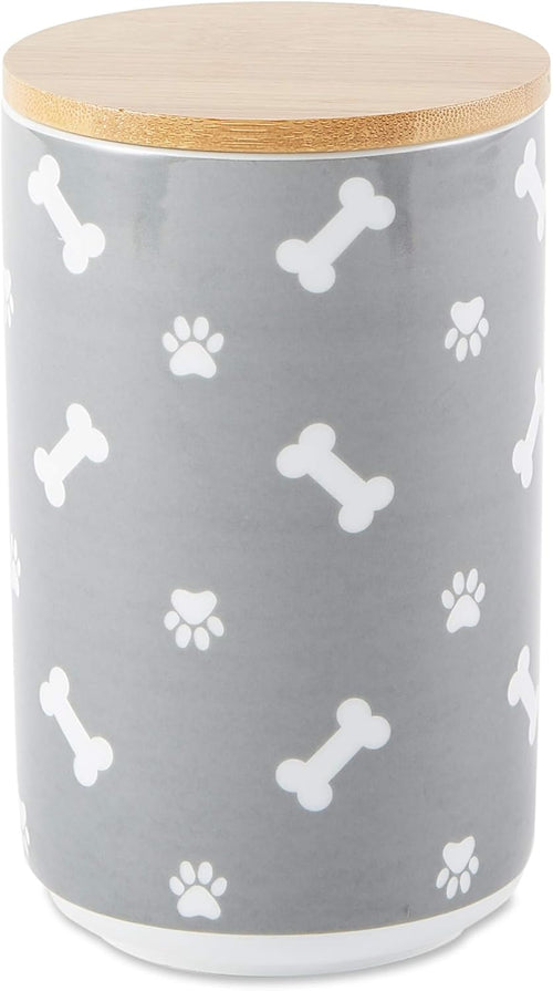 Ceramic Canister with Bamboo Lid, Paw & Bone Collection, Treat Jar, 4X6.5", Gray