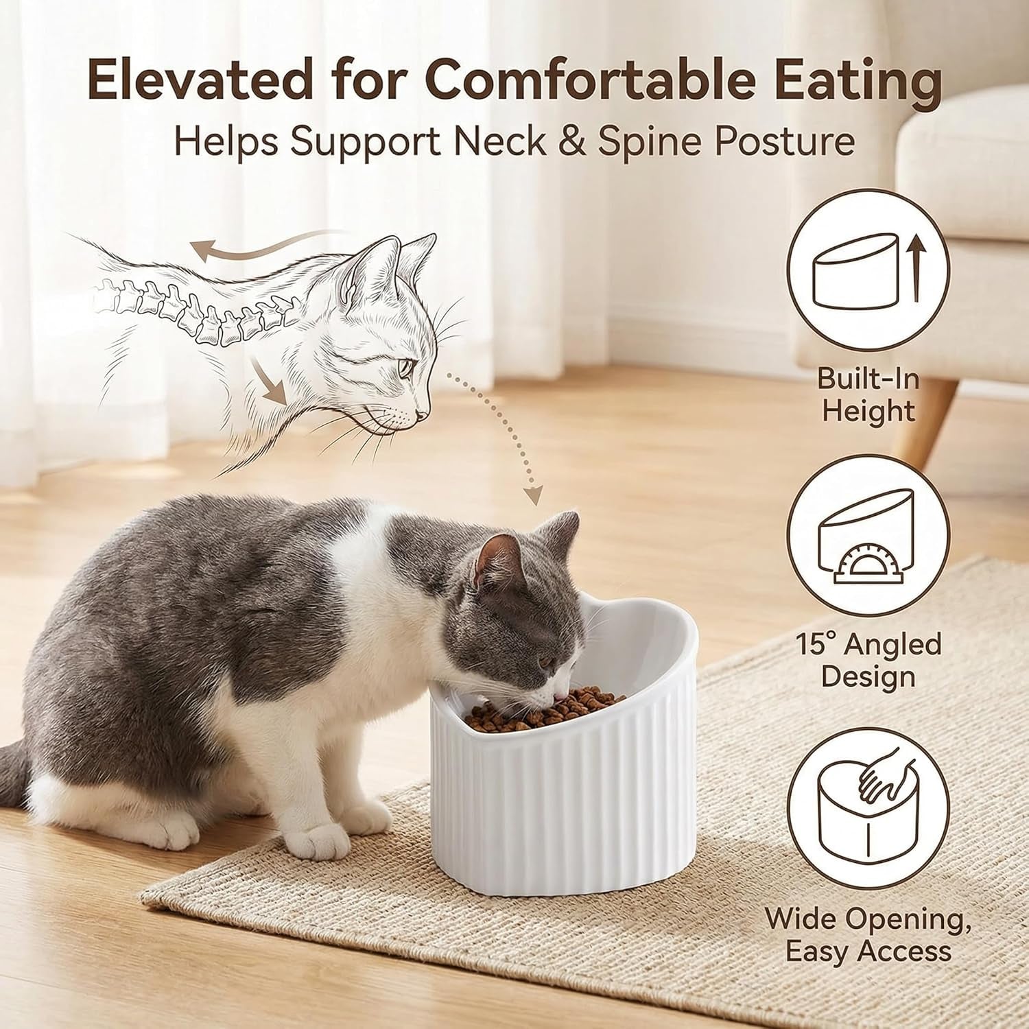 Pink Ceramic Raised Cat Bowls, Tilted Elevated Food or Water Bowls, Stress Free, Backflow Prevention, Dishwasher and Microwave Safe, Lead & Cadmium Free