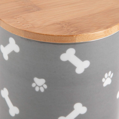 Ceramic Canister with Bamboo Lid, Paw & Bone Collection, Treat Jar, 4X6.5", Gray