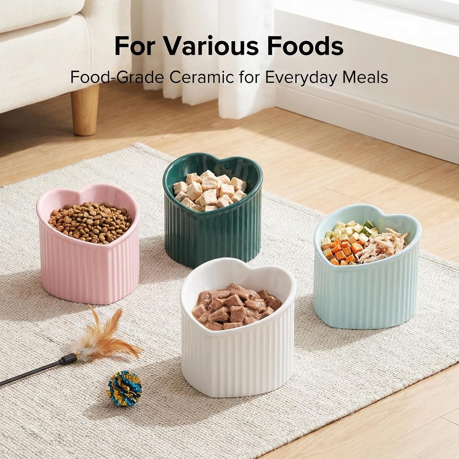 Pink Ceramic Raised Cat Bowls, Tilted Elevated Food or Water Bowls, Stress Free, Backflow Prevention, Dishwasher and Microwave Safe, Lead & Cadmium Free