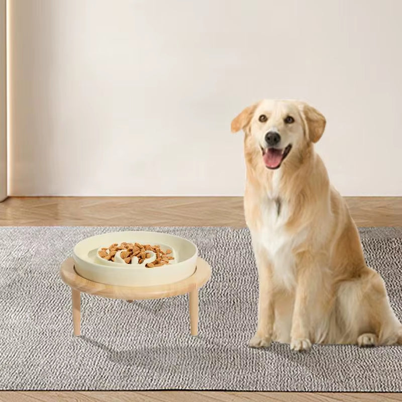 Dog Slow Feeder Bowl anti Slip Ceramic Dog Feeding Bowl with Wood Elevated Base Feeding Supplies Slow Feeder Dishwasher Safe