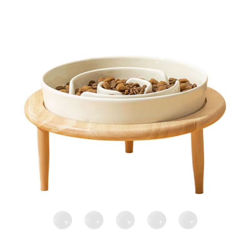 Dog Slow Feeder Bowl anti Slip Ceramic Dog Feeding Bowl with Wood Elevated Base Feeding Supplies Slow Feeder Dishwasher Safe