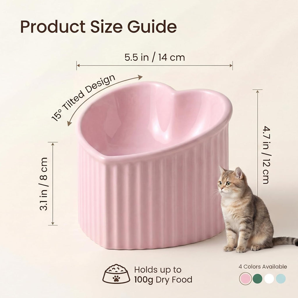 Pink Ceramic Raised Cat Bowls, Tilted Elevated Food or Water Bowls, Stress Free, Backflow Prevention, Dishwasher and Microwave Safe, Lead & Cadmium Free