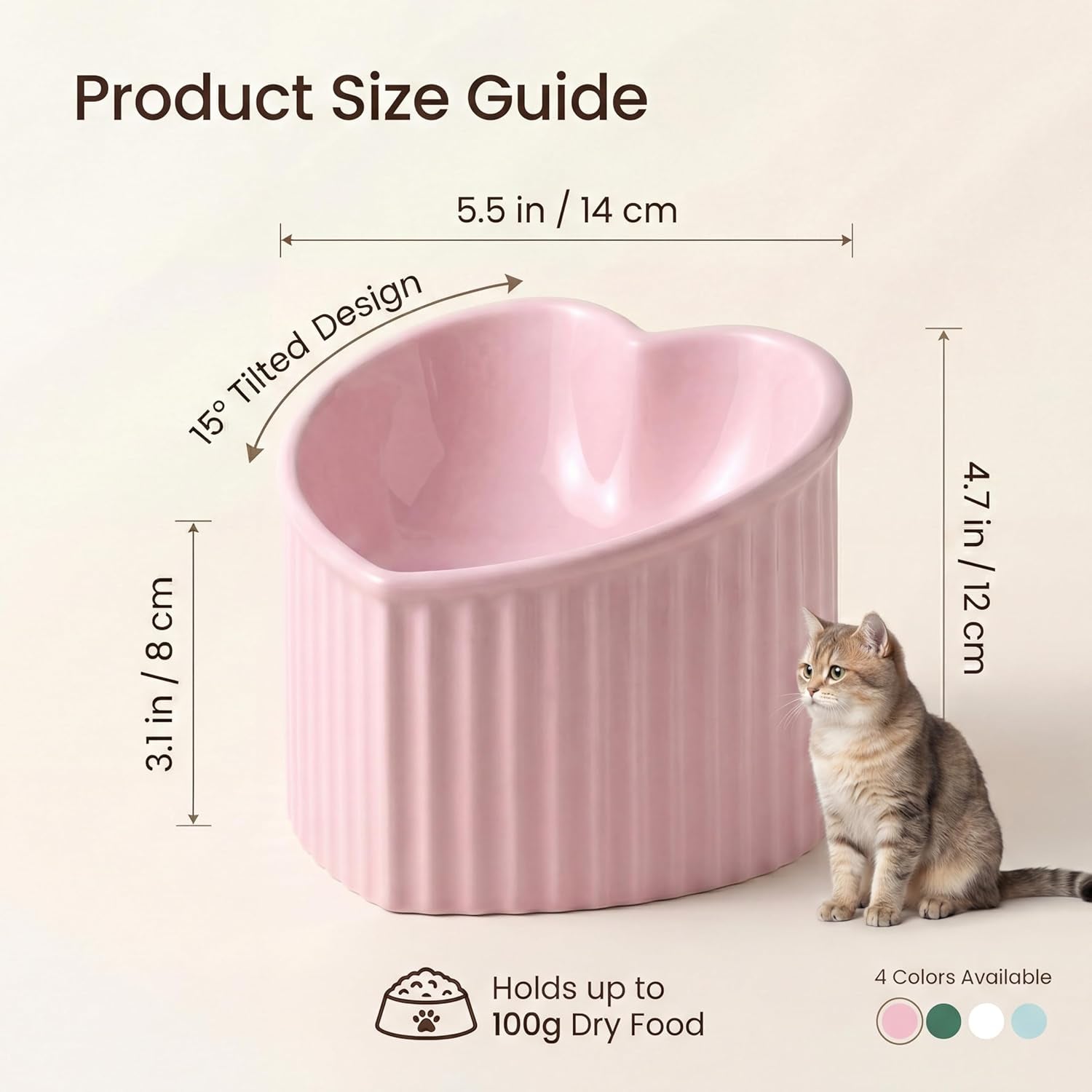 Pink Ceramic Raised Cat Bowls, Tilted Elevated Food or Water Bowls, Stress Free, Backflow Prevention, Dishwasher and Microwave Safe, Lead & Cadmium Free