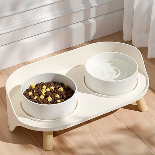 Bone China Double Pet Feeder, Elevated Cat Dog Food Double Bowls, Ceramic Pet Feeding Bowl for Food and Water